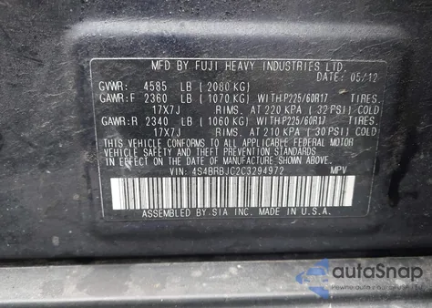 2012 Subaru Outback 2.5I Limited from USA, damaged, VIN 4S4BRBJC2C3294972